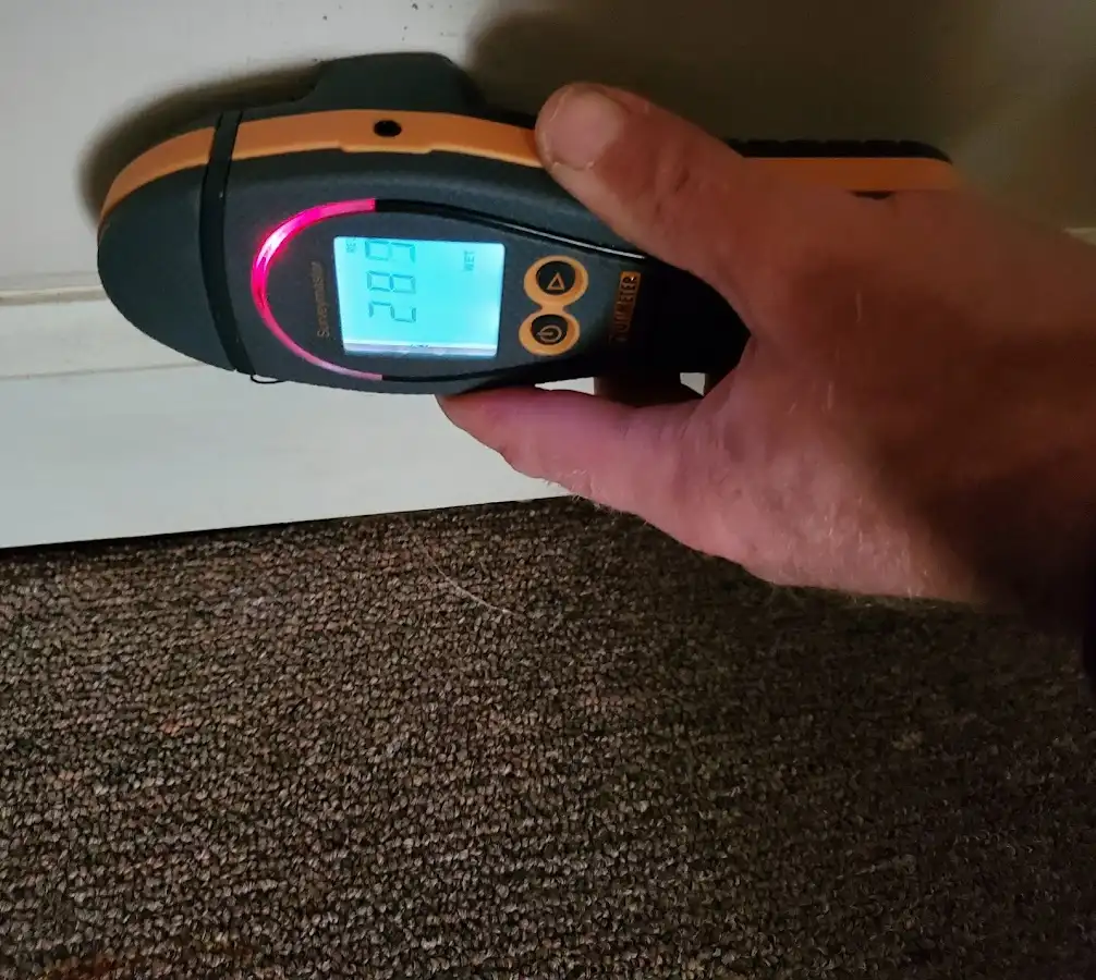 Moisture detection at baseboard during Storm Damage Restoration in Tisbury
